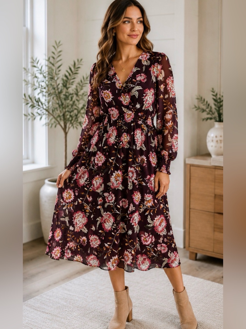 LOFT Burgundy Floral Midi Dress